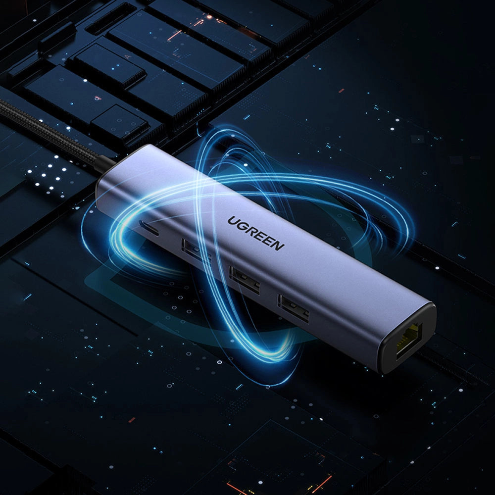 Ugreen multifunktionsadapter HUB USB 3.0 - 3 x USB / Ethernet RJ-45 / USB Type C PD grå (CM475)