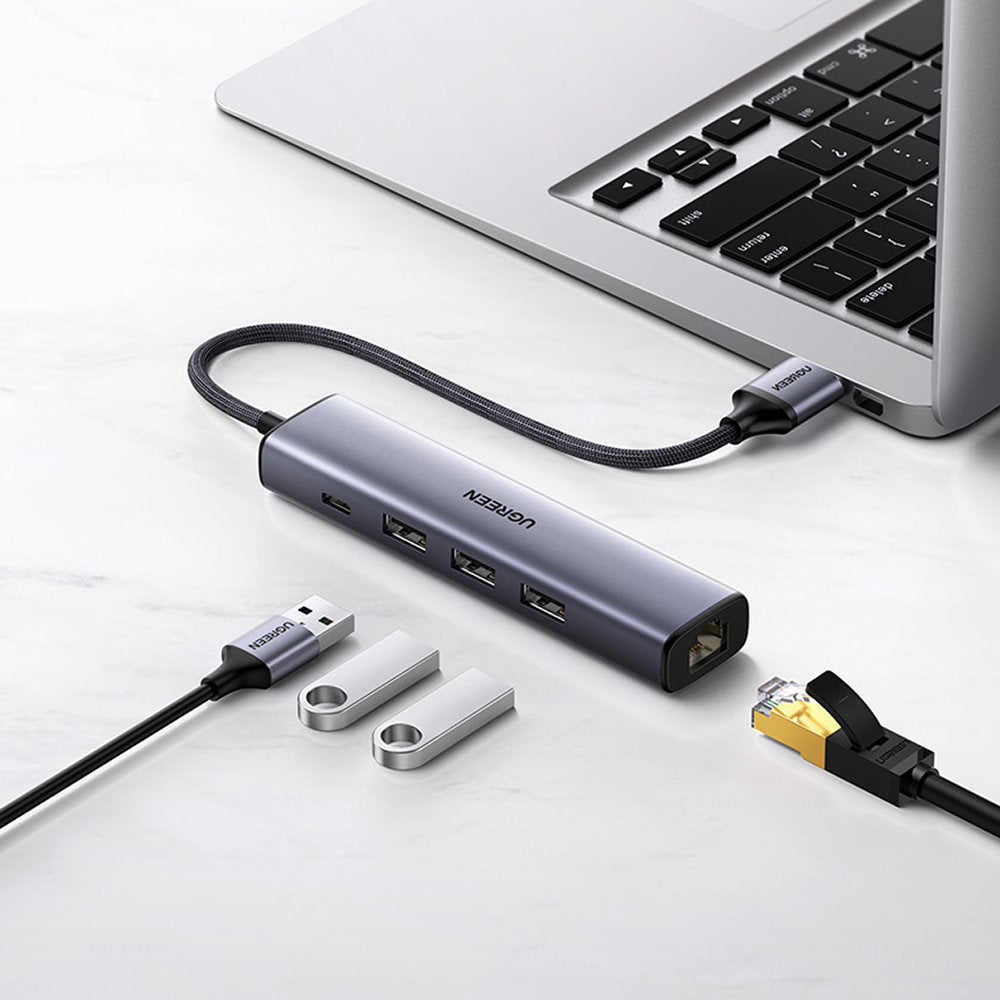 Ugreen multifunktionsadapter HUB USB 3.0 - 3 x USB / Ethernet RJ-45 / USB Type C PD grå (CM475)