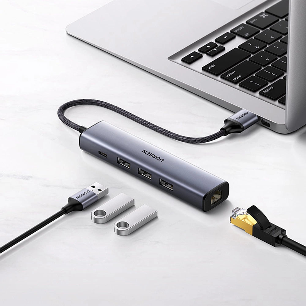 Ugreen multifunktionsadapter HUB USB 3.0 - 3 x USB / Ethernet RJ-45 / USB Type C PD grå (CM475)