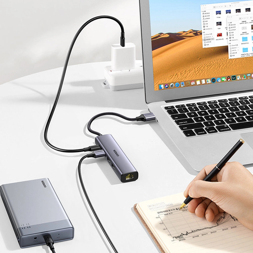 Ugreen multifunktionsadapter HUB USB 3.0 - 3 x USB / Ethernet RJ-45 / USB Type C PD grå (CM475)