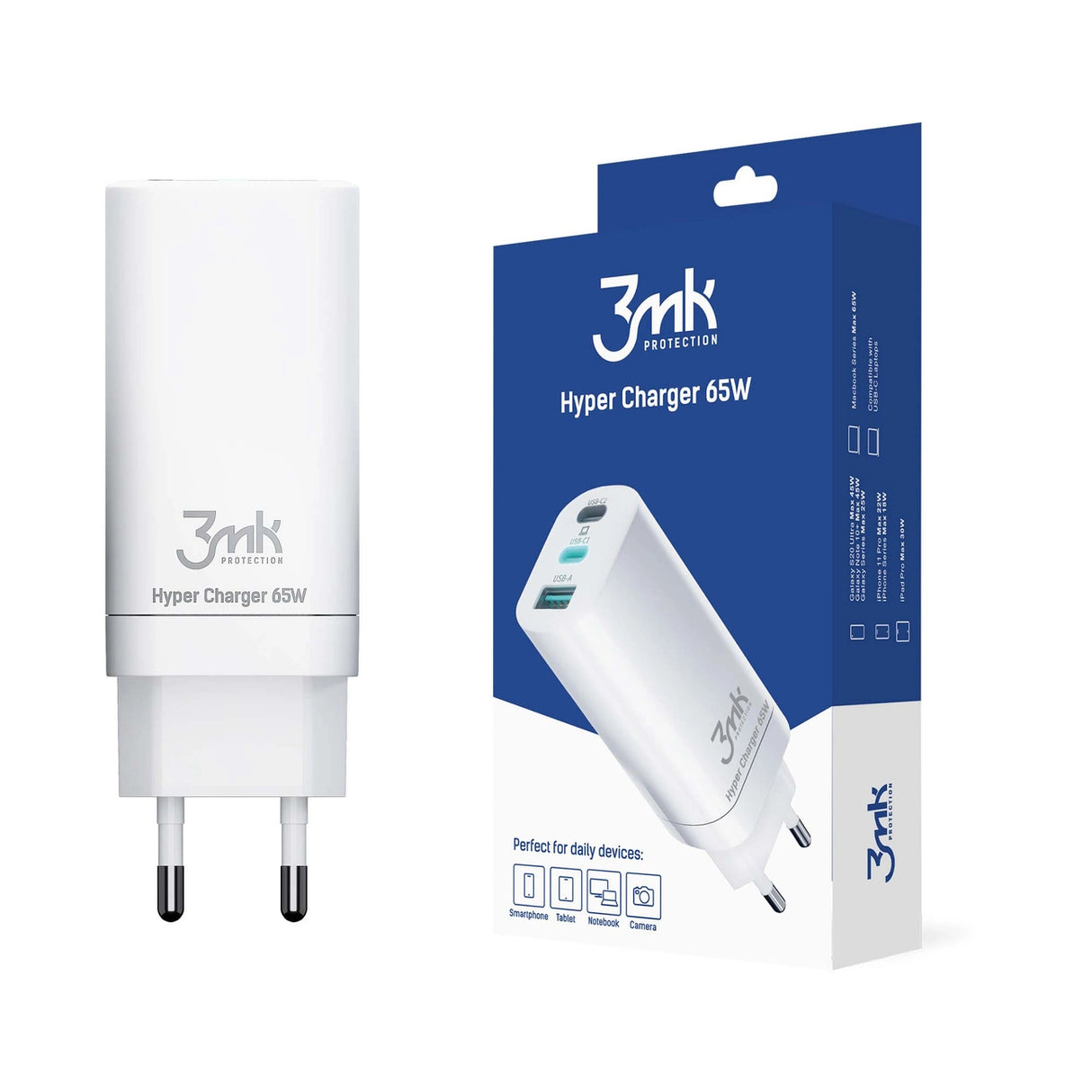3MK HyperCharger 65W 2xUSB-C + 1xUSB-A oplader GAN, PD + QC