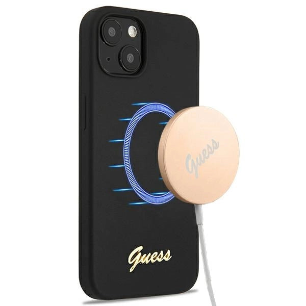 Guess GUHMP13MLSLMGBK iPhone 13 6.1" sort/sort hardcase Silicone Script Gold Logo Magsafe