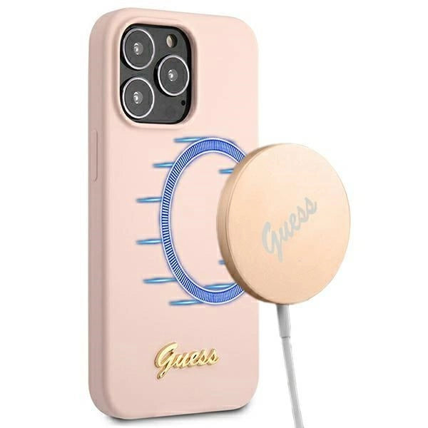 Guess GUHMP13XLSLMGLP iPhone 13 Pro Max 6,7" lyserød/lyserød hardcase Silicone Script Gold Logo Magsafe