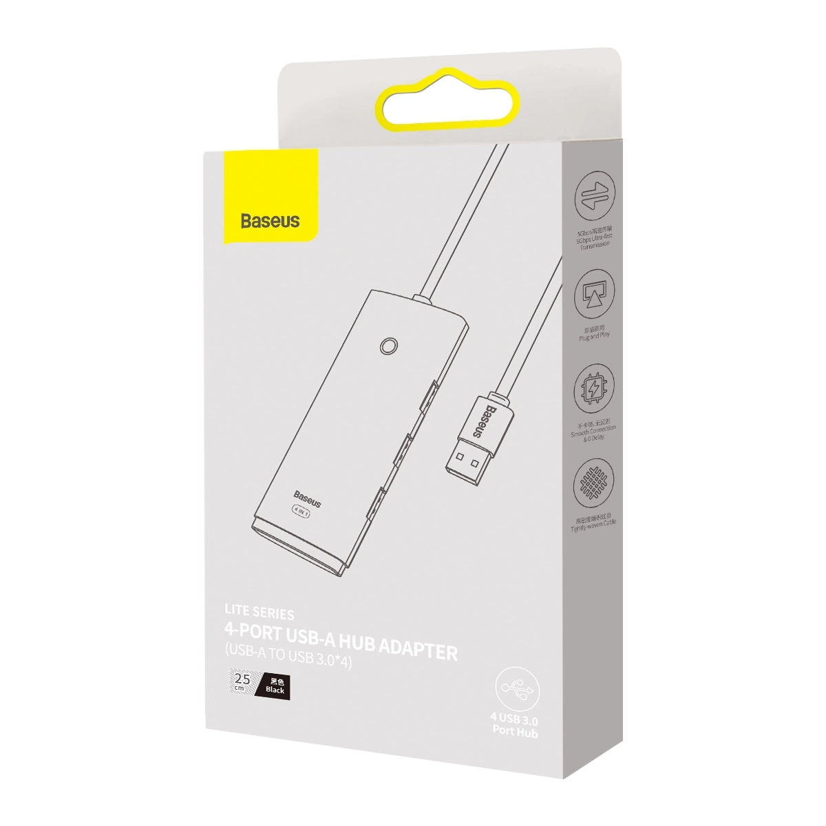 Baseus Lite Series HUB 4-Port (USB-A til 4xUSB-A 3.0) 0,25m sort (WKQX030001)
