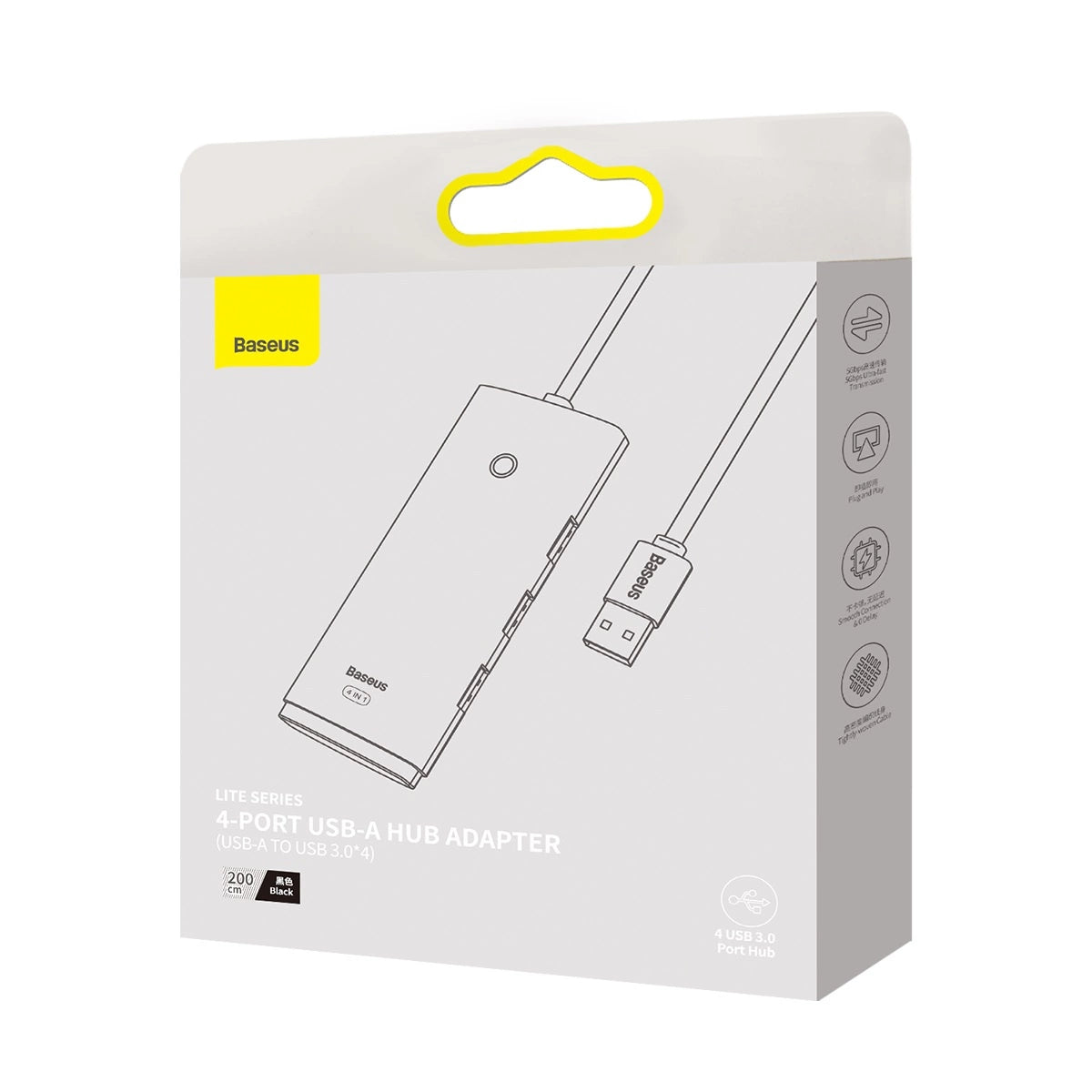 Baseus Lite Series HUB 4-Port (USB-A til 4xUSB-A 3.0) 2m sort (WKQX030201)