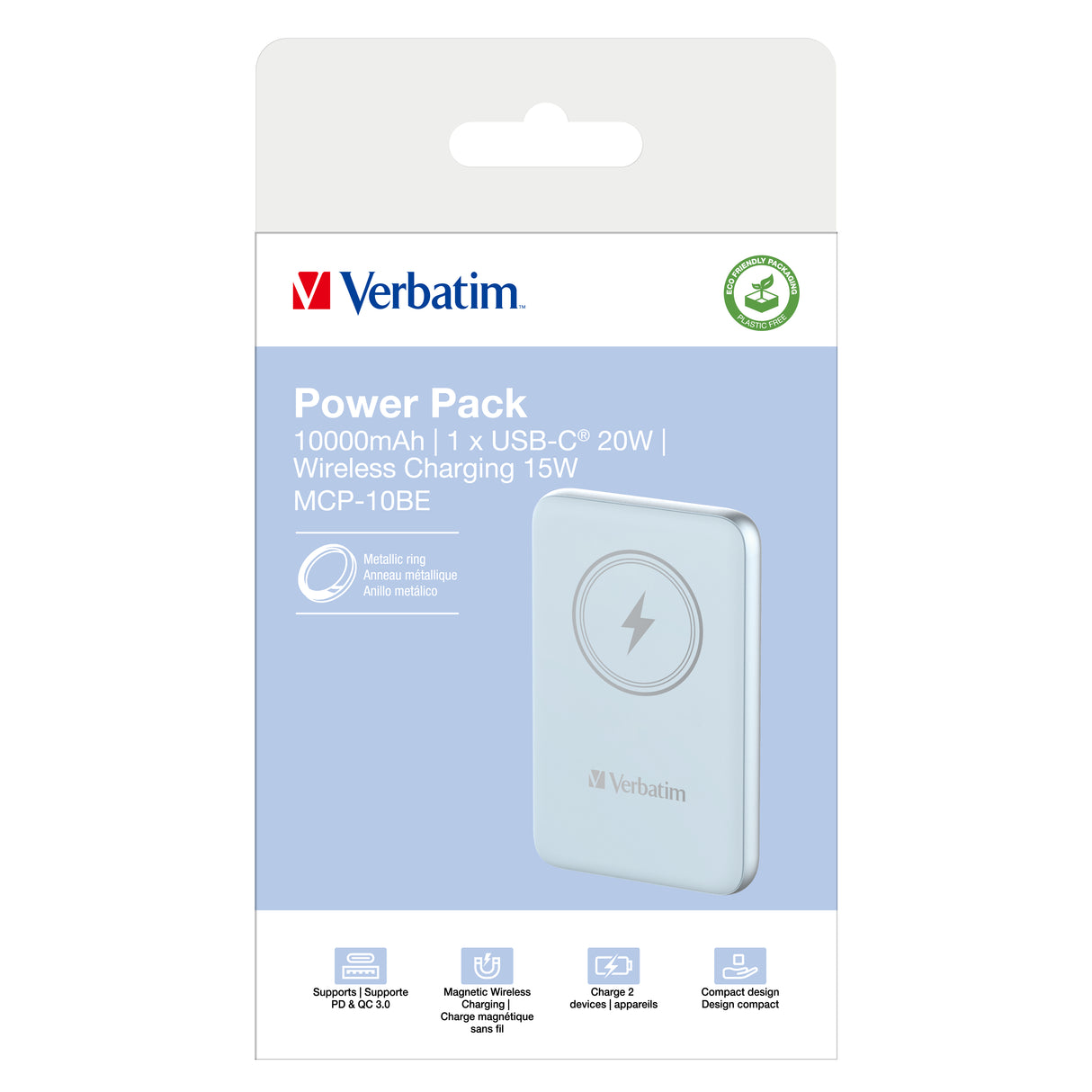 Verbatim Charge 'n' Go Lithium polymer (LiPo) 10000 mAh Trådløs opladning Blå