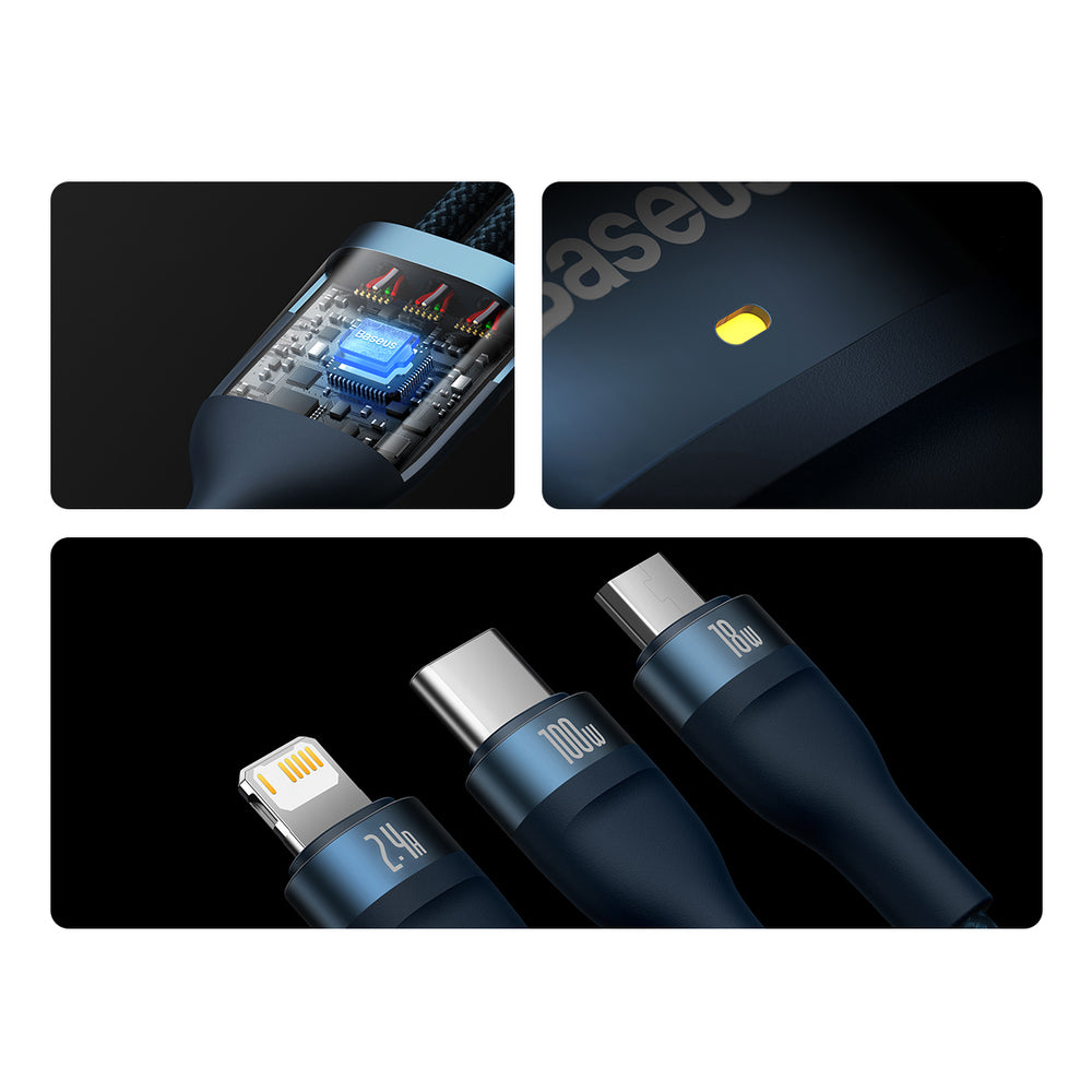Baseus Flash Series II cable USB - USB Type C / Lightning / micro USB 100 W 1.2 m blue (CASS030003)
