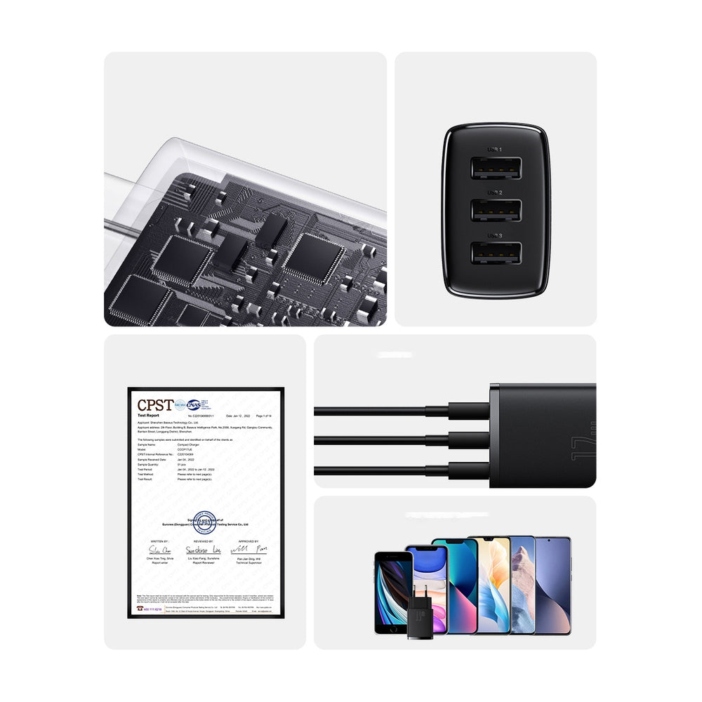 Baseus Compact oplader 3x USB 17W sort (CCXJ020101)