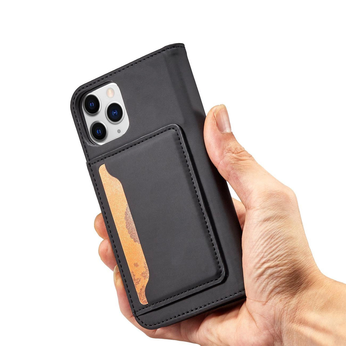 Magnet Card Case for iPhone 12 cover kort tegnebog kort stativ sort