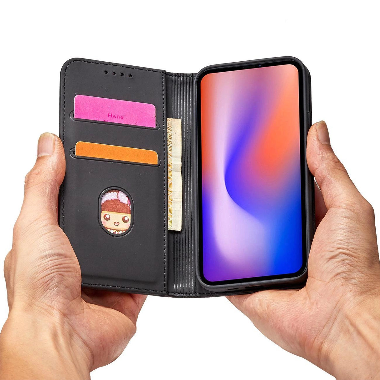 Magnet Card Case for iPhone 12 cover kort tegnebog kort stativ sort