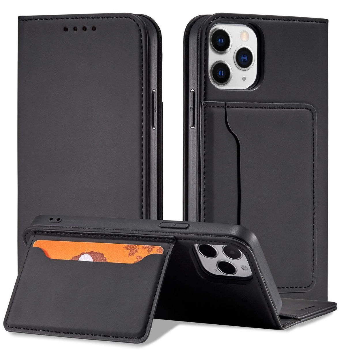 Magnet Card Case for iPhone 12 cover kort tegnebog kort stativ sort