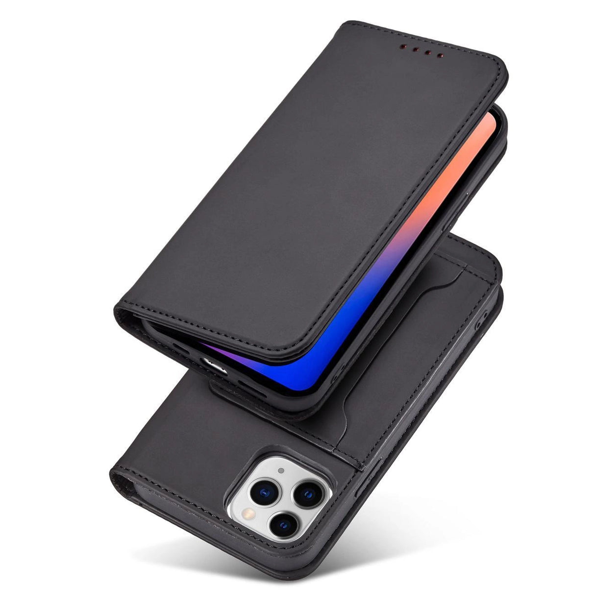 Magnet Card Case for iPhone 12 cover kort tegnebog kort stativ sort