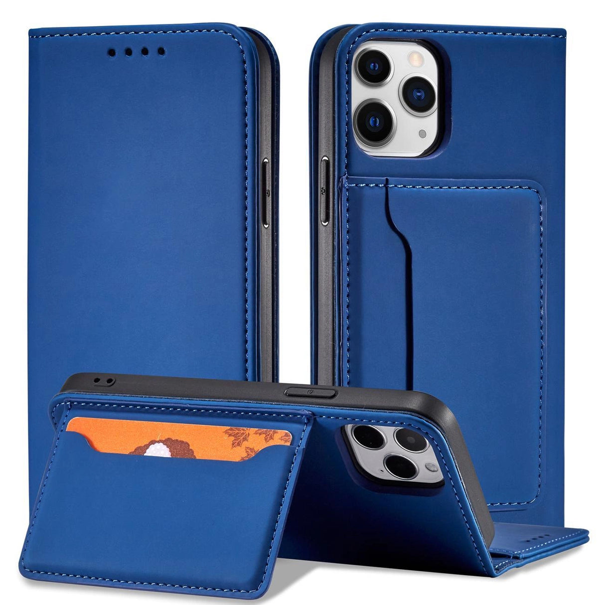 Magnet Card Case for iPhone 12 cover kort tegnebog kort stativ blå
