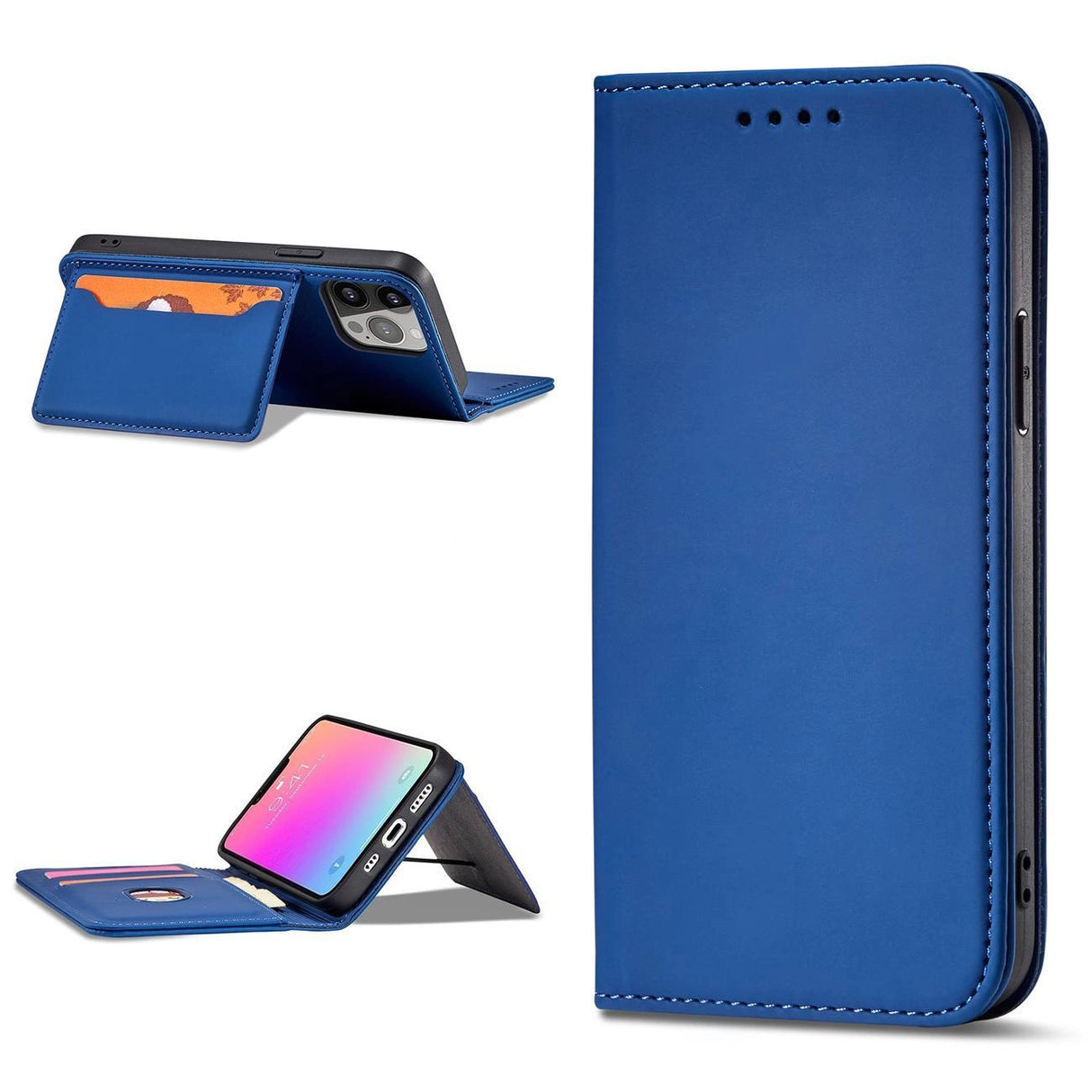 Magnet Card Case for iPhone 13 Pro cover kort tegnebog kort stativ blå