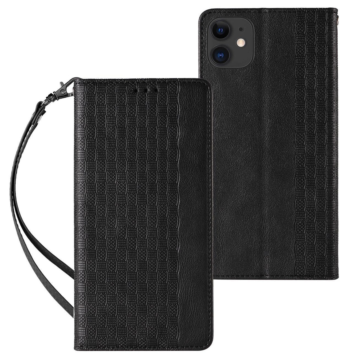 Magnet Strap Case for iPhone 12 Pouch Wallet + Mini Lanyard Pendant Svart