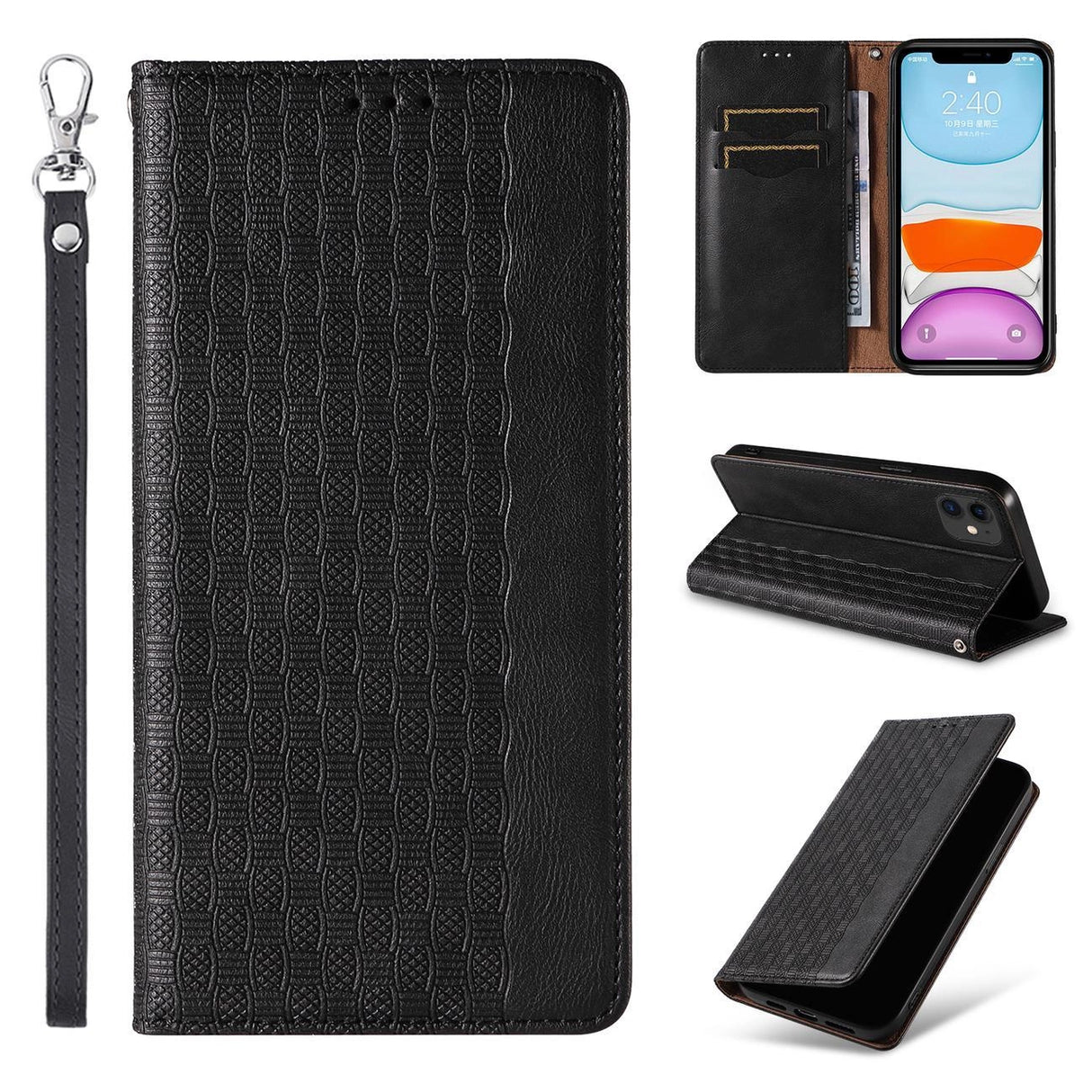 Magnet Strap Case for iPhone 12 Pouch Wallet + Mini Lanyard Pendant Svart