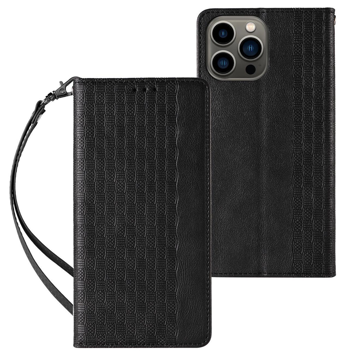 Magnet Strap Case til iPhone 12 Pro lommepung + Mini Lanyard Pendant sort