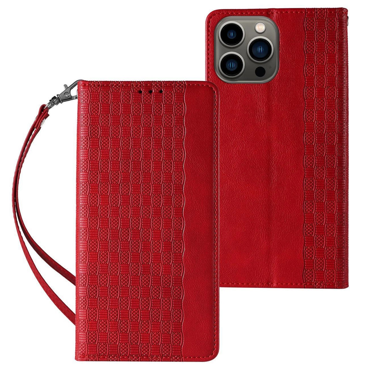 Magnet Strap Case Case for iPhone 13 Pro Push Wallet + Mini Lanyard Pendant Rød