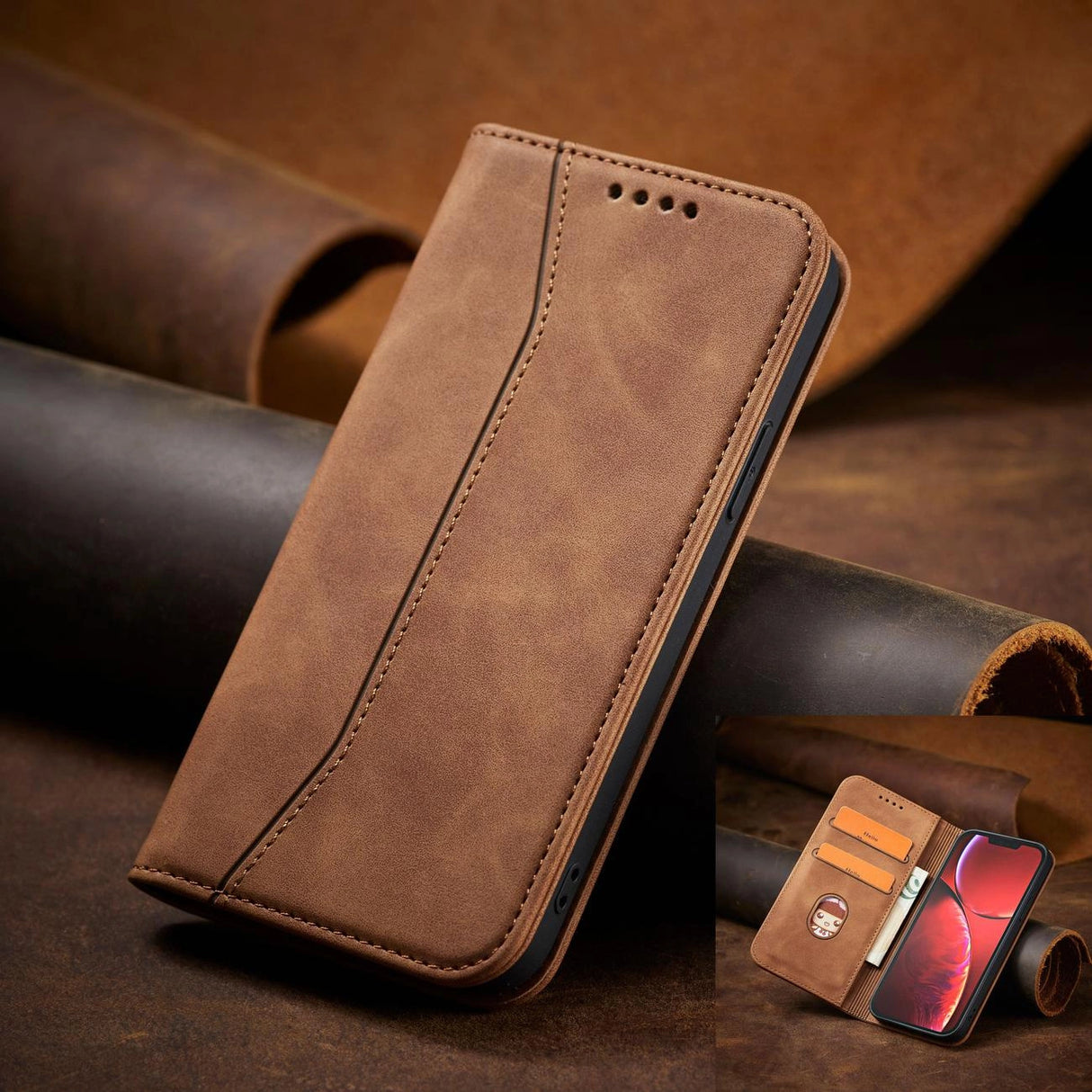 Magnet Fancy Case Case for iPhone 13 Pro Max lommekort Wallet Card Holder Brown