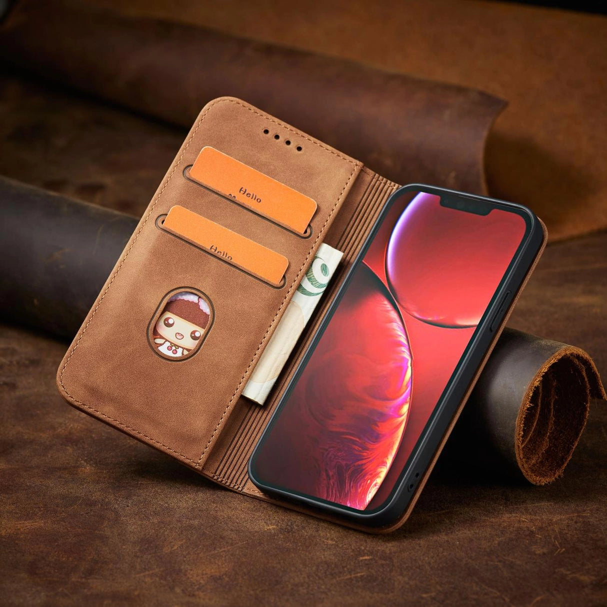 Magnet Fancy Case Case for iPhone 13 Pro Max lommekort Wallet Card Holder Brown