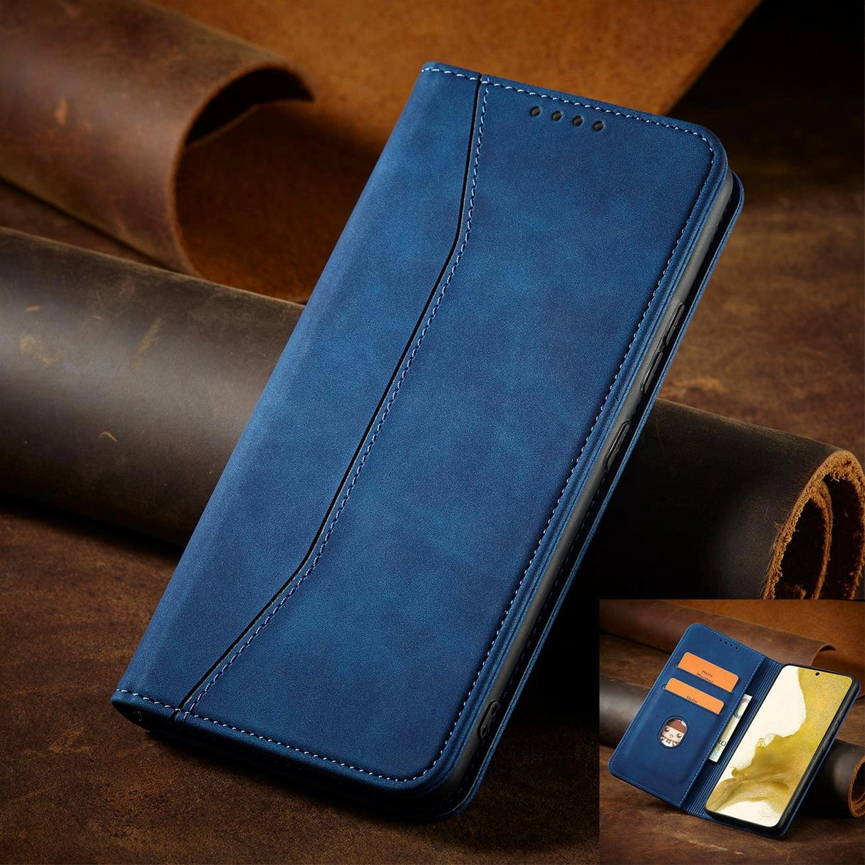 Magnet Fancy Case Case for Samsung Galaxy S22 + (S22 Plus) Push Wallet Card Holder Blå