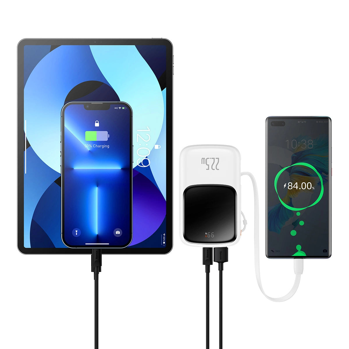 Baseus Qpow power bank 10000mAh indbygget USB Type-C kabel 22,5W Quick Charge SCP AFC FCP hvid (PPQD020102)