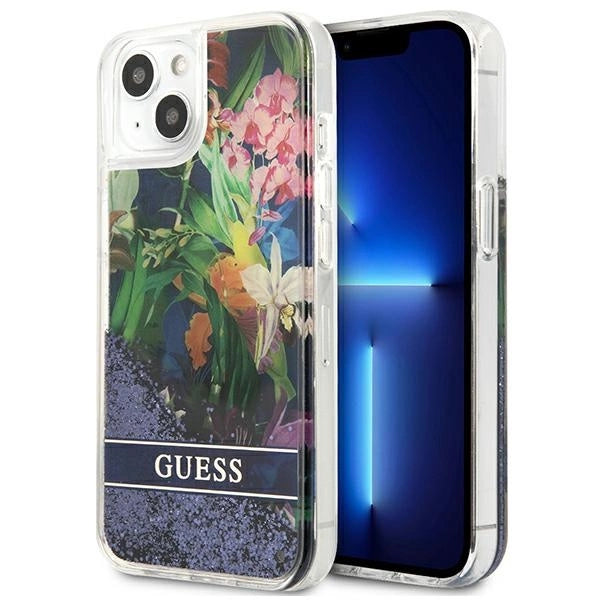 Guess GUHCP13SLFLSB iPhone 13 mini 5.4" blå/blå hardcase Flower Liquid Glitter