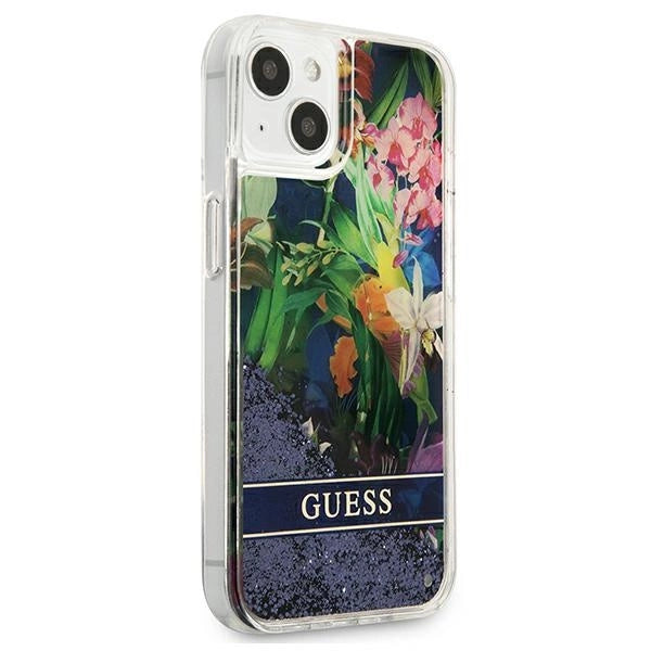 Guess GUHCP13SLFLSB iPhone 13 mini 5.4" blå/blå hardcase Flower Liquid Glitter