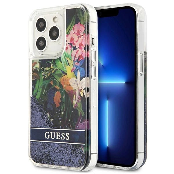 Guess Flower Liquid Glitter case til iPhone 13 Pro Max - blå