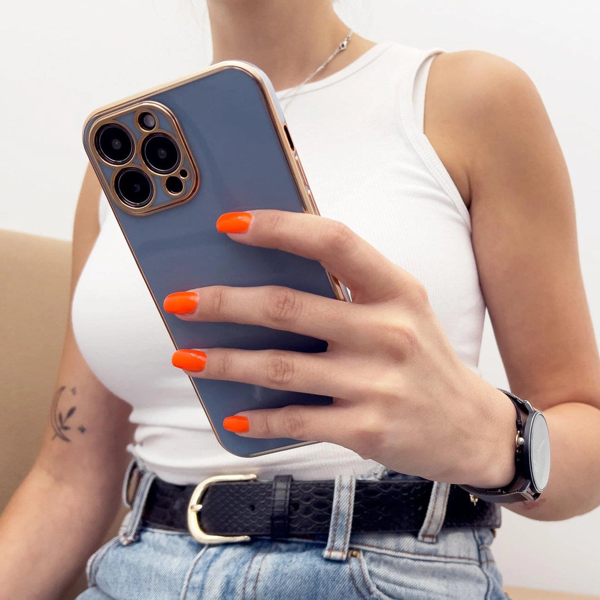 Lighting Color Case til iPhone 12 Pro Max, gel-cover med en guldramme, mint