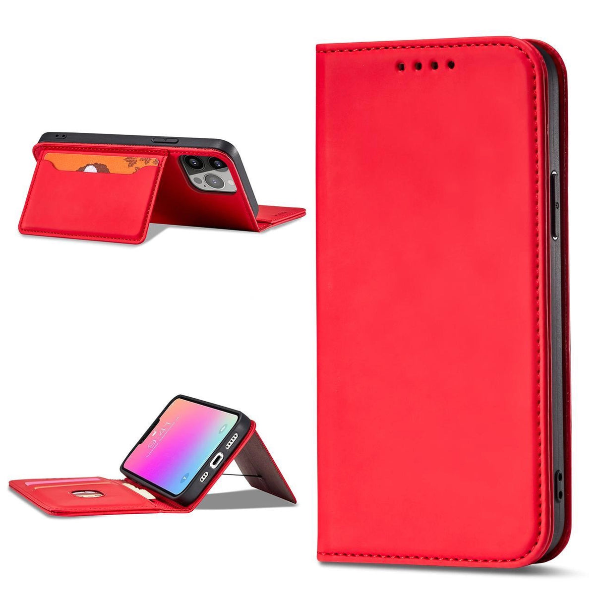 Magnet Card Case Case for iPhone 14 Pro flip cover tegnebog stativ rød