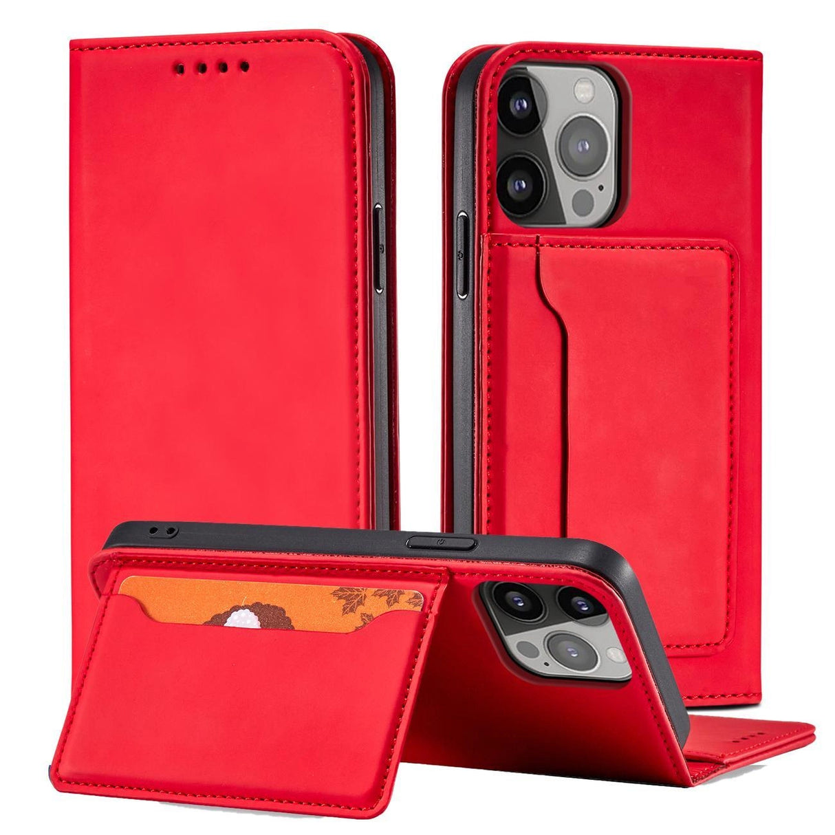 Magnet Card Case Case for iPhone 14 Pro flip cover tegnebog stativ rød