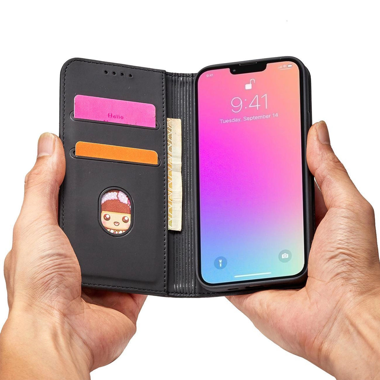 Magnet Card Case Case for iPhone 14 Pro Max flip cover tegnebog stand sort