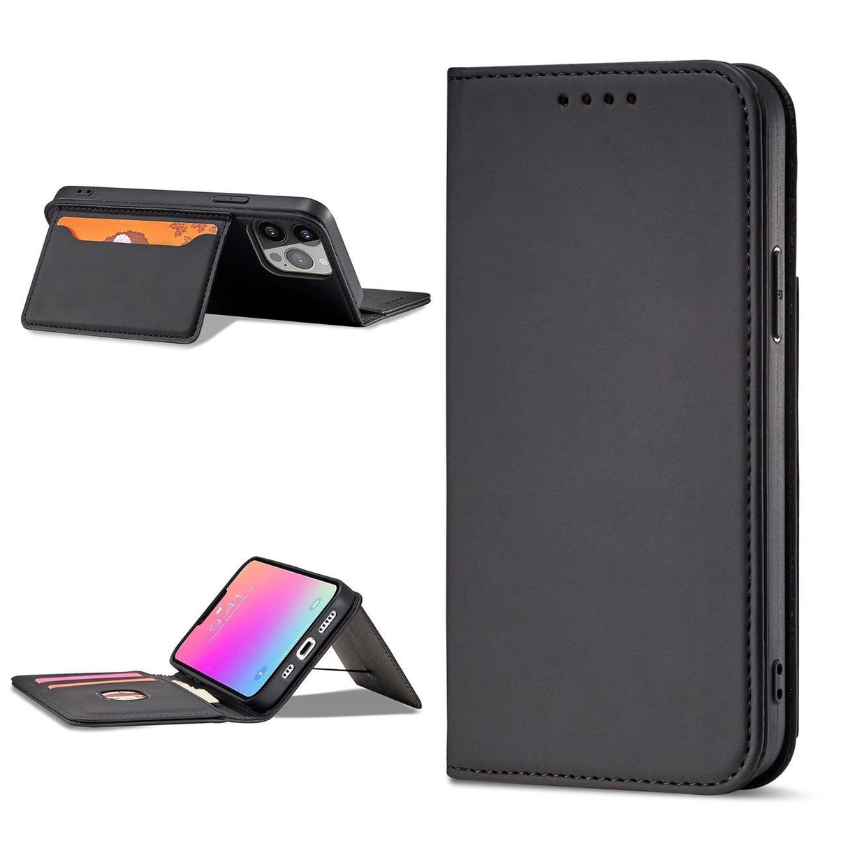 Magnet Card Case Case for iPhone 14 Pro Max flip cover tegnebog stand sort