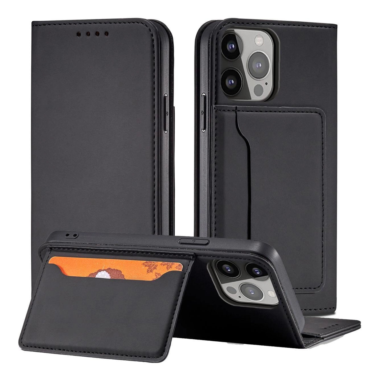 Magnet Card Case Case for iPhone 14 Pro Max flip cover tegnebog stand sort