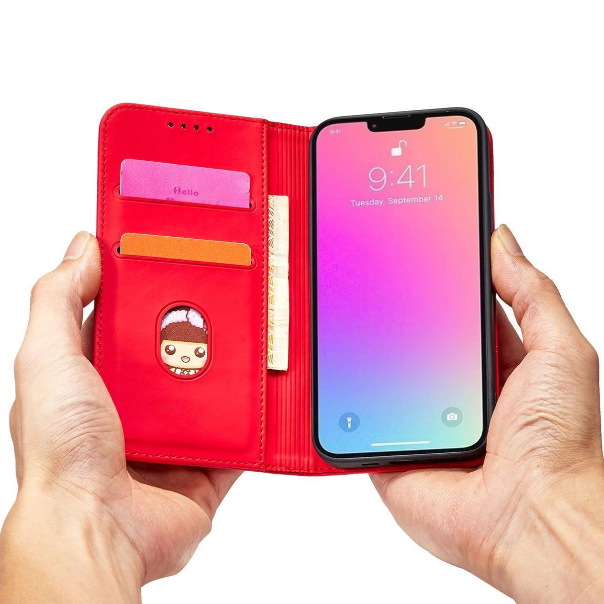 Magnet Card Case Case for iPhone 14 Pro Max flip cover tegnebog stativ rød