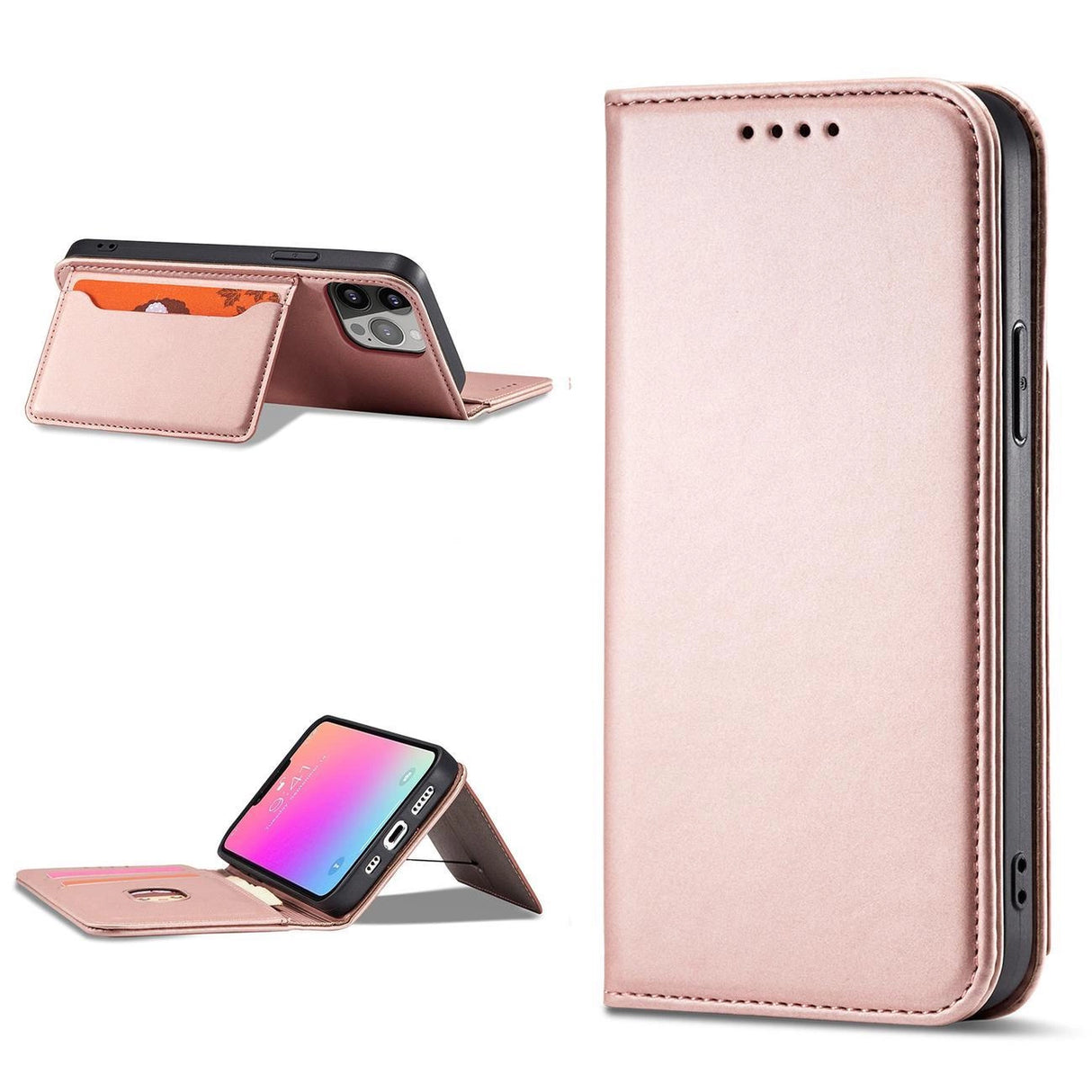 Magnet Card Case Case for iPhone 14 Pro Max flip cover tegnebog stativ pink