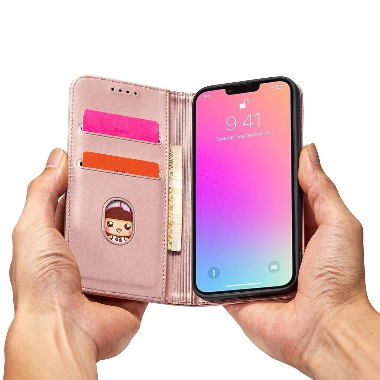 Magnet Card Case Case for iPhone 14 Pro Max flip cover tegnebog stativ pink