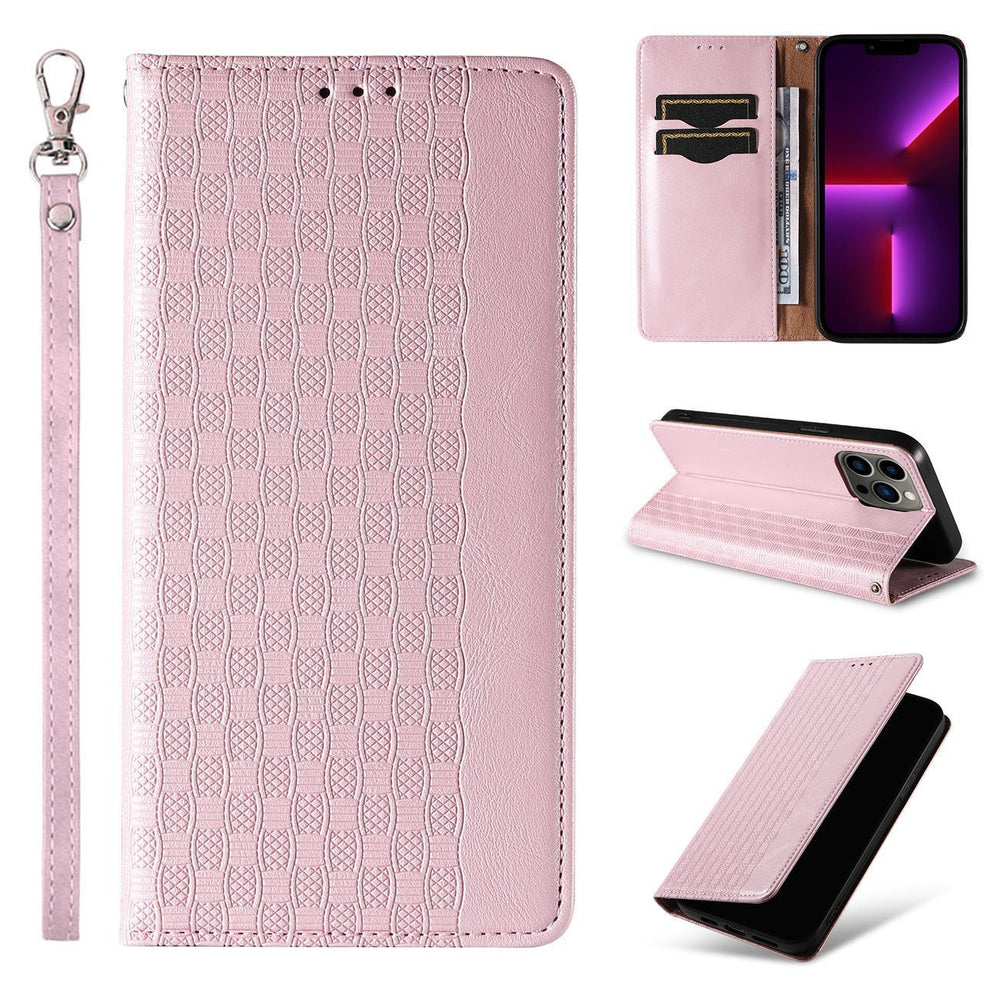 Magnet Strap Case Case for iPhone 14 Pro Flip Wallet Mini Lanyard Stand Pink