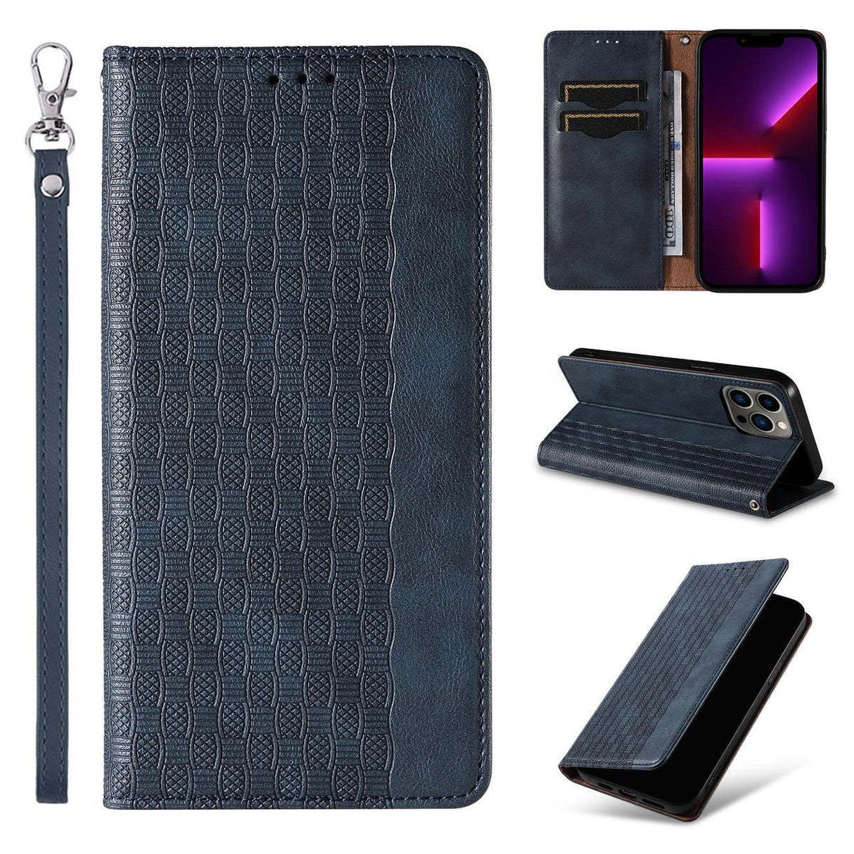 Magnet Strap Case Case for iPhone 14 Pro Max Flip Wallet Mini Lanyard Stand Blå