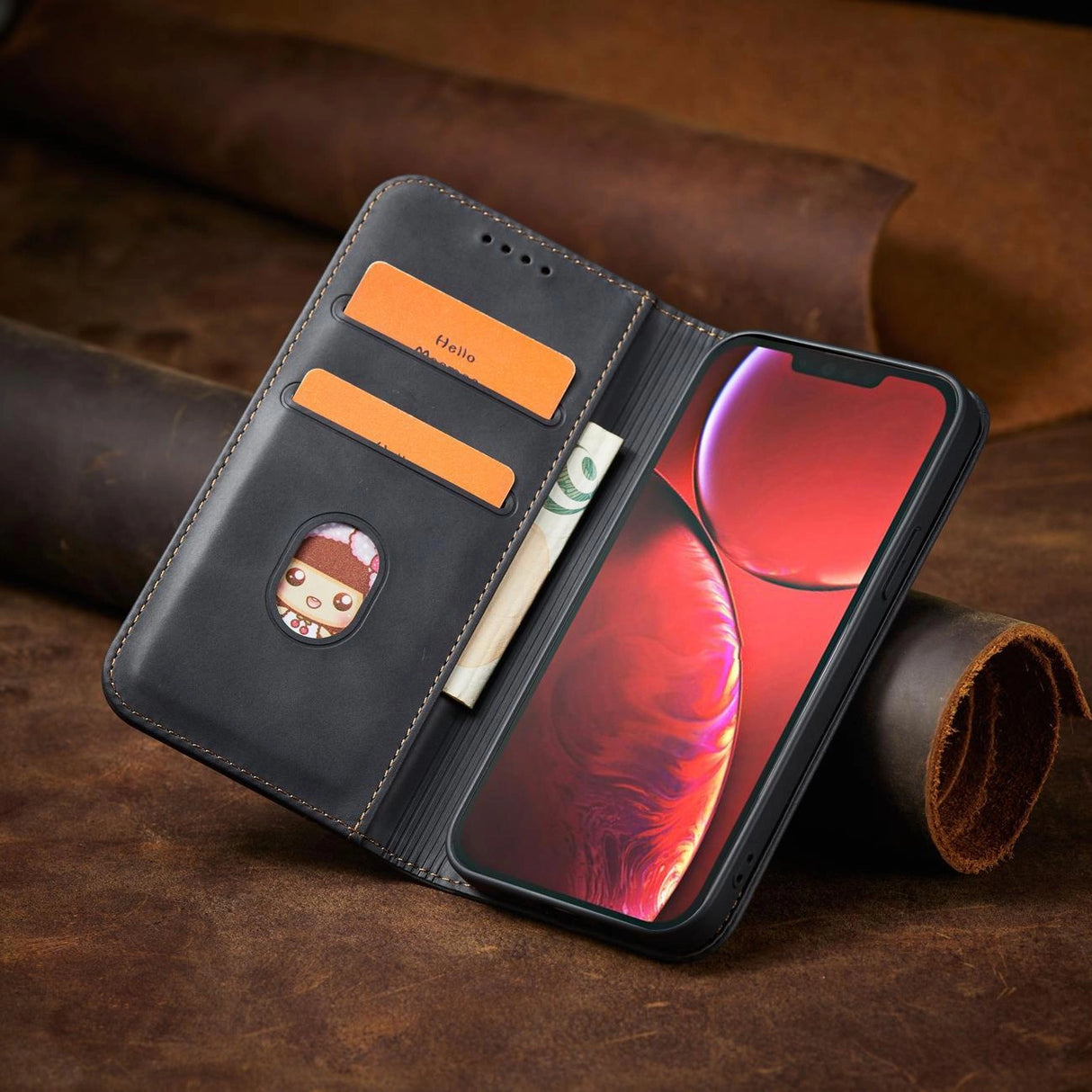 Magnet Fancy Case Case for iPhone 14 flip cover tegnebog stativ sort