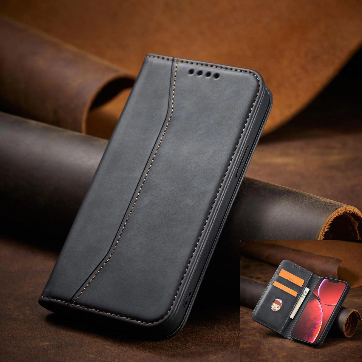 Magnet Fancy Case Case for iPhone 14 flip cover tegnebog stativ sort