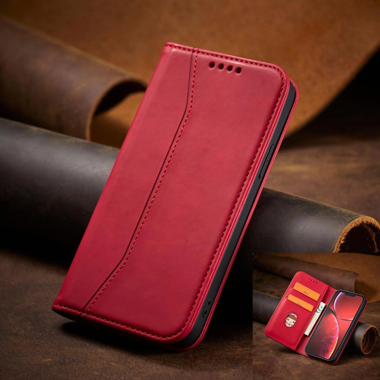 Magnet Fancy Case Case for iPhone 14 Pro flip cover tegnebog stativ rød