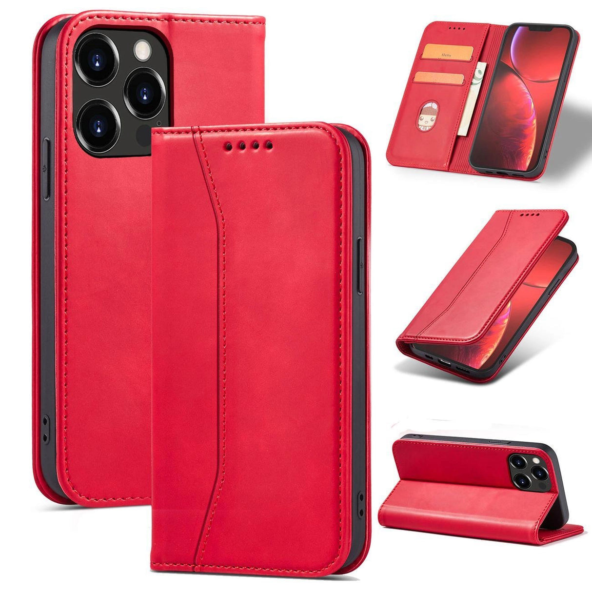 Magnet Fancy Case Case for iPhone 14 Pro flip cover tegnebog stativ rød