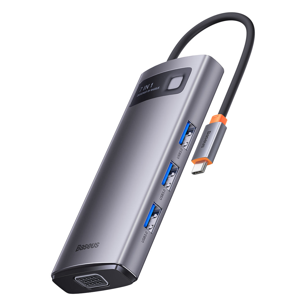 Baseus Metal Gleam Series HUB 7-in-1 USB Type C docking station - 1 x HDMI / 1 x VGA / 3 x USB 3.2 Gen. 1 / 1 x Power Delivery / 1 x RJ-45 Ethernet gray (WKWG040013)