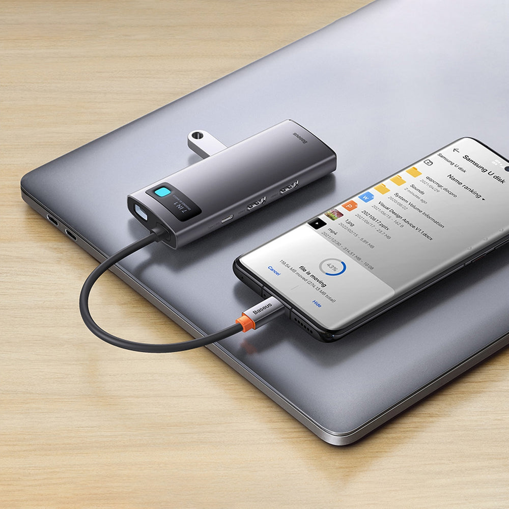 Baseus Metal Gleam Series HUB 7-in-1 USB Type C docking station - 1 x HDMI / 1 x VGA / 3 x USB 3.2 Gen. 1 / 1 x Power Delivery / 1 x RJ-45 Ethernet gray (WKWG040013)