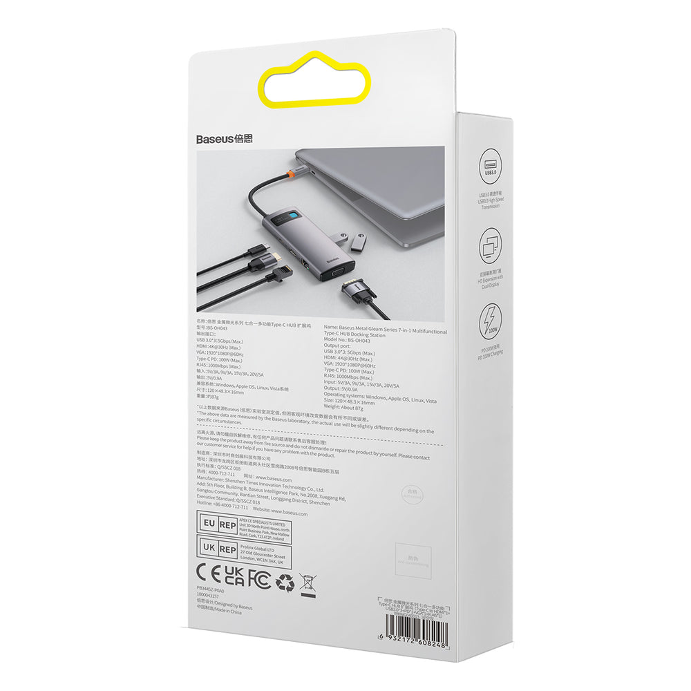 Baseus Metal Gleam Series HUB 7-in-1 USB Type C docking station - 1 x HDMI / 1 x VGA / 3 x USB 3.2 Gen. 1 / 1 x Power Delivery / 1 x RJ-45 Ethernet gray (WKWG040013)