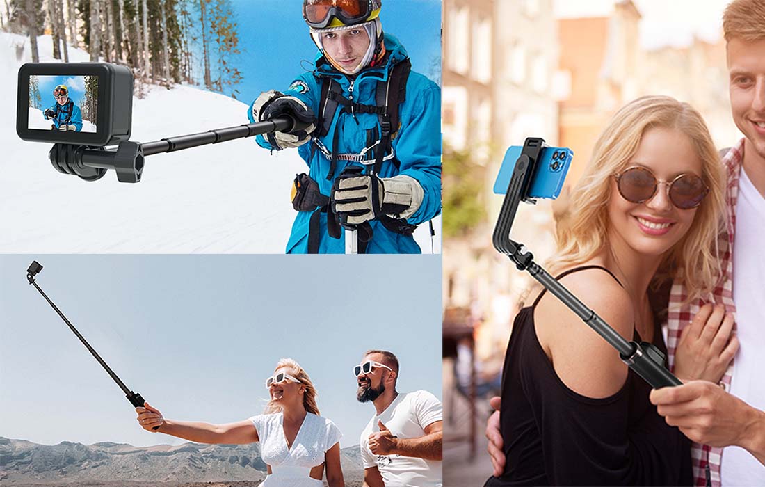 Selfie stick Telesin til smartphones og sportskameraer med BT fjernbetjening