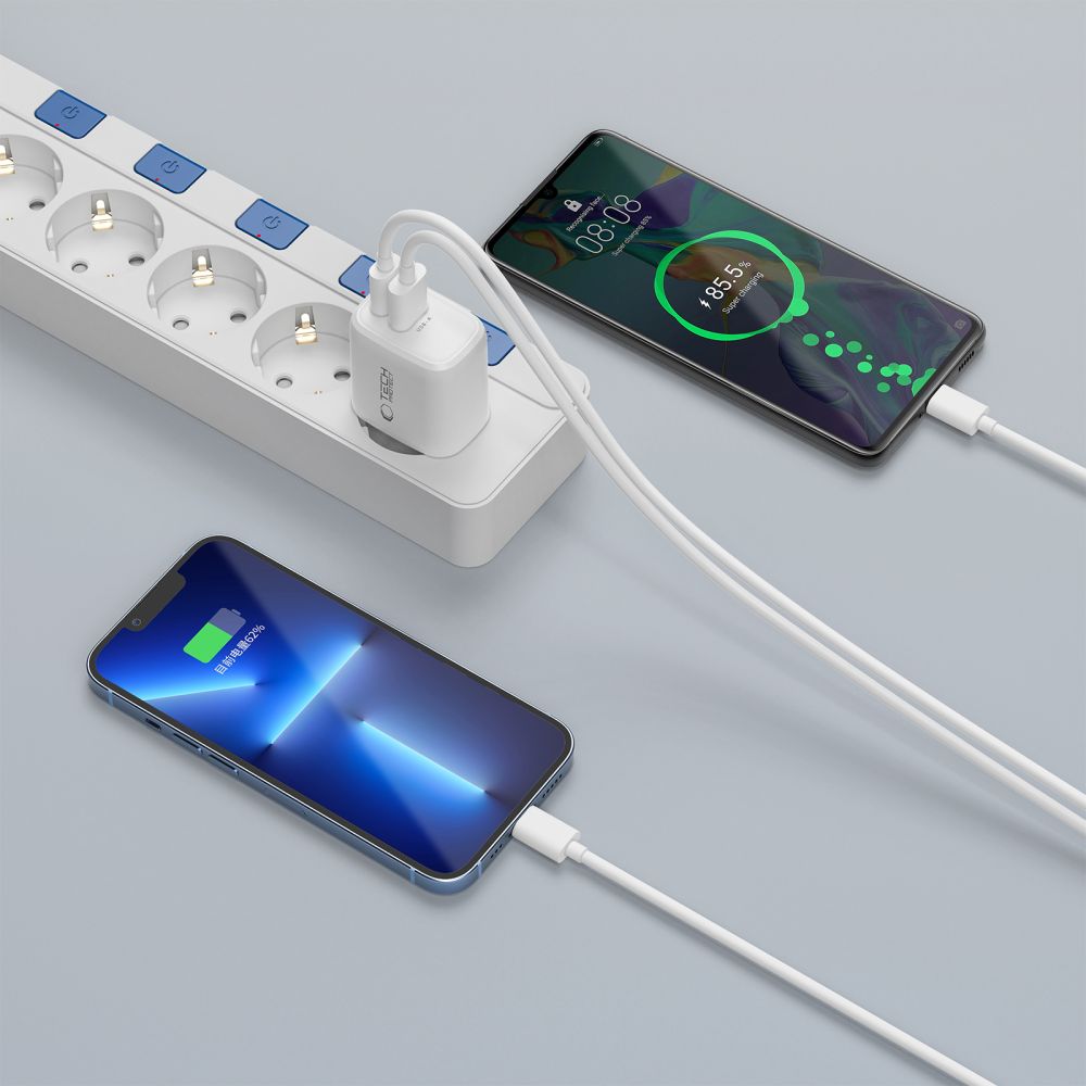 Tech Protect Nca30 2 Port Netværksopladder Pd 30 W / Qc3.0 + Lightning Kabel Hvid