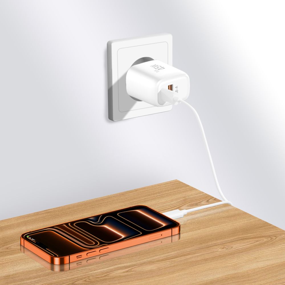 Tech Protect Nca45 W Gan 2 Port Netværksopladder Pd 45 W / Qc3.0 + Type C Kabel Hvid